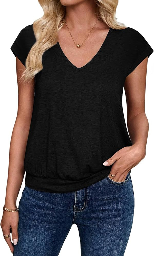 Sialois Womens Summer Tops Business Casual Cap Sleeve Shirts V Neck Banded Bottom T Shirts Everyd... | Amazon (US)