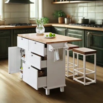 Solid Wood Kitchen Island With Drop Leaf, Storage Cabinet, 4 Drawers, Towel Rack And 2 Included Stools, White | Wayfair North America