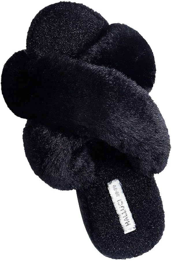 HALLUCI Women's Cross Band Soft Plush Fleece House Indoor or Outdoor Slippers | Amazon (US)