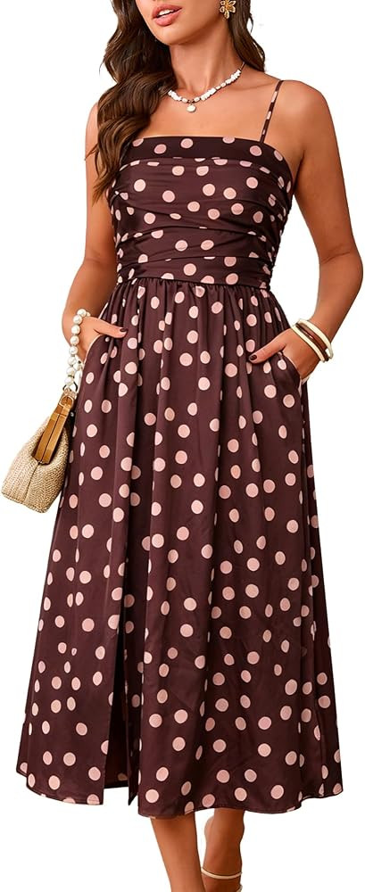 Fashionme 2026 Women Satin Maxi Dresses Ruched Sundress with Pocket Slit Adjustable Strap Wedding... | Amazon (US)