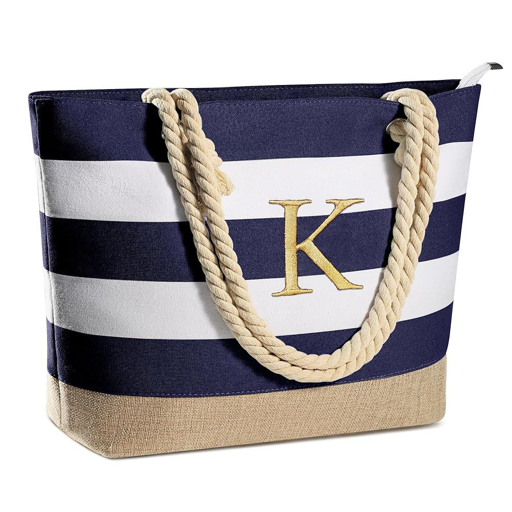 YOOLIFE Initial Canvas Waterproof Beach Tote Bag Zipper Personalized Gifts for Women Her Birthday... | Amazon (US)