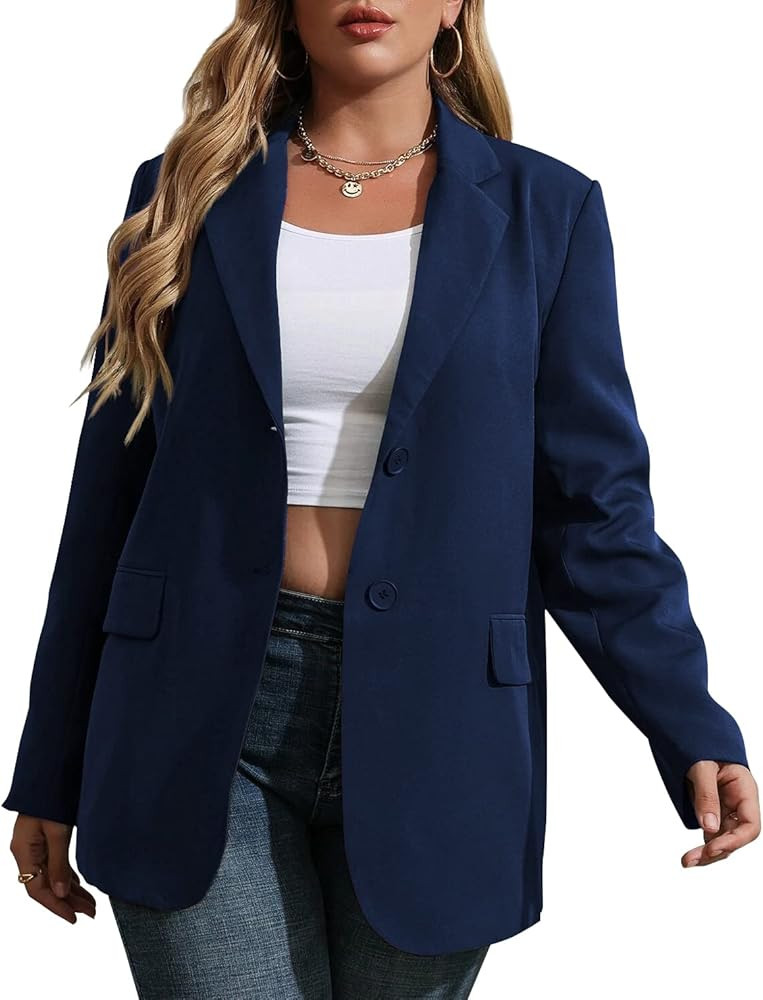 Womens Plus Size Casual Blazer Jackets Long Sleeve Open Front Buttons Work Office Lapel Blazers w... | Amazon (US)