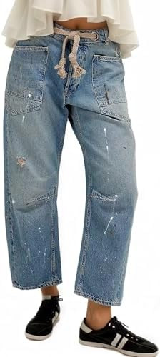 Womens Pull-On Barrel Jeans Mid-Low Rise Boyfriend Drawstring Ankle Baggy Elastic Waist Stretchy ... | Amazon (US)