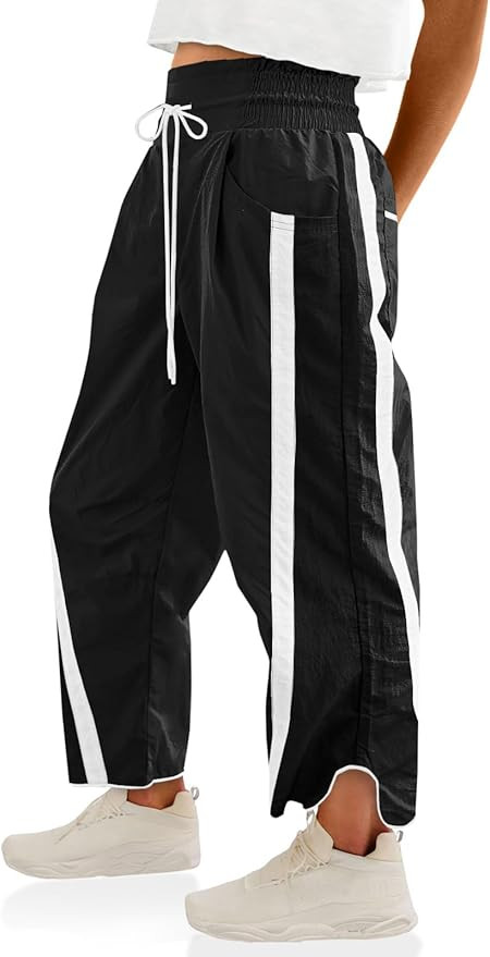 Womens Pants Baggy Wide Leg Casual Workout Elastic Waisted Stripes Track Pockets Y2K Barrel Trend... | Amazon (US)