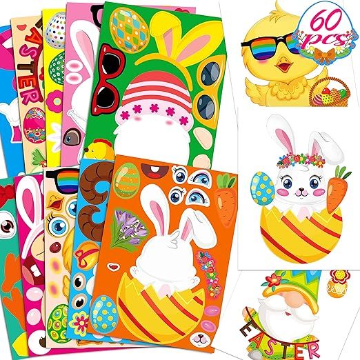 60Sheets Easter Stickers Crafts for Kids - Make-a-Bunny/Egg/Chick/Gnome/Sheep Games, Basket Stuff... | Amazon (US)