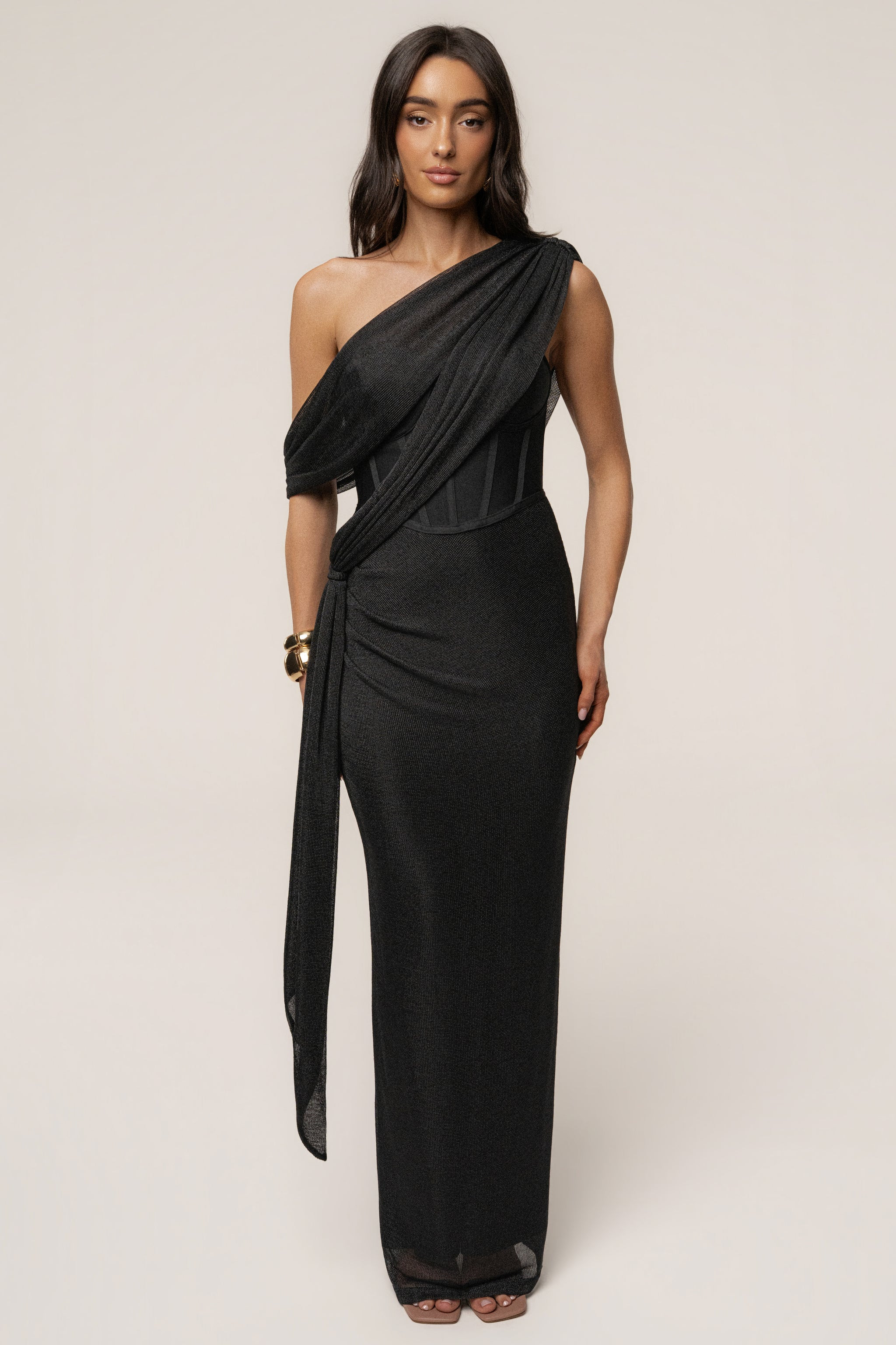 Black Metallic Celestina Draped Maxi Dress | JLUXLABEL US