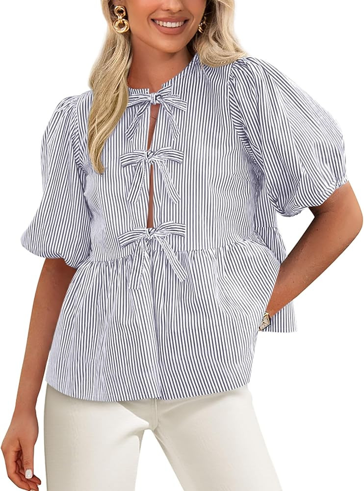 PRETTYGARDEN Women's Tie Front Striped Shirt 2025 Summer Trendy Fashion Cute Babydoll Tops Peplum... | Amazon (US)