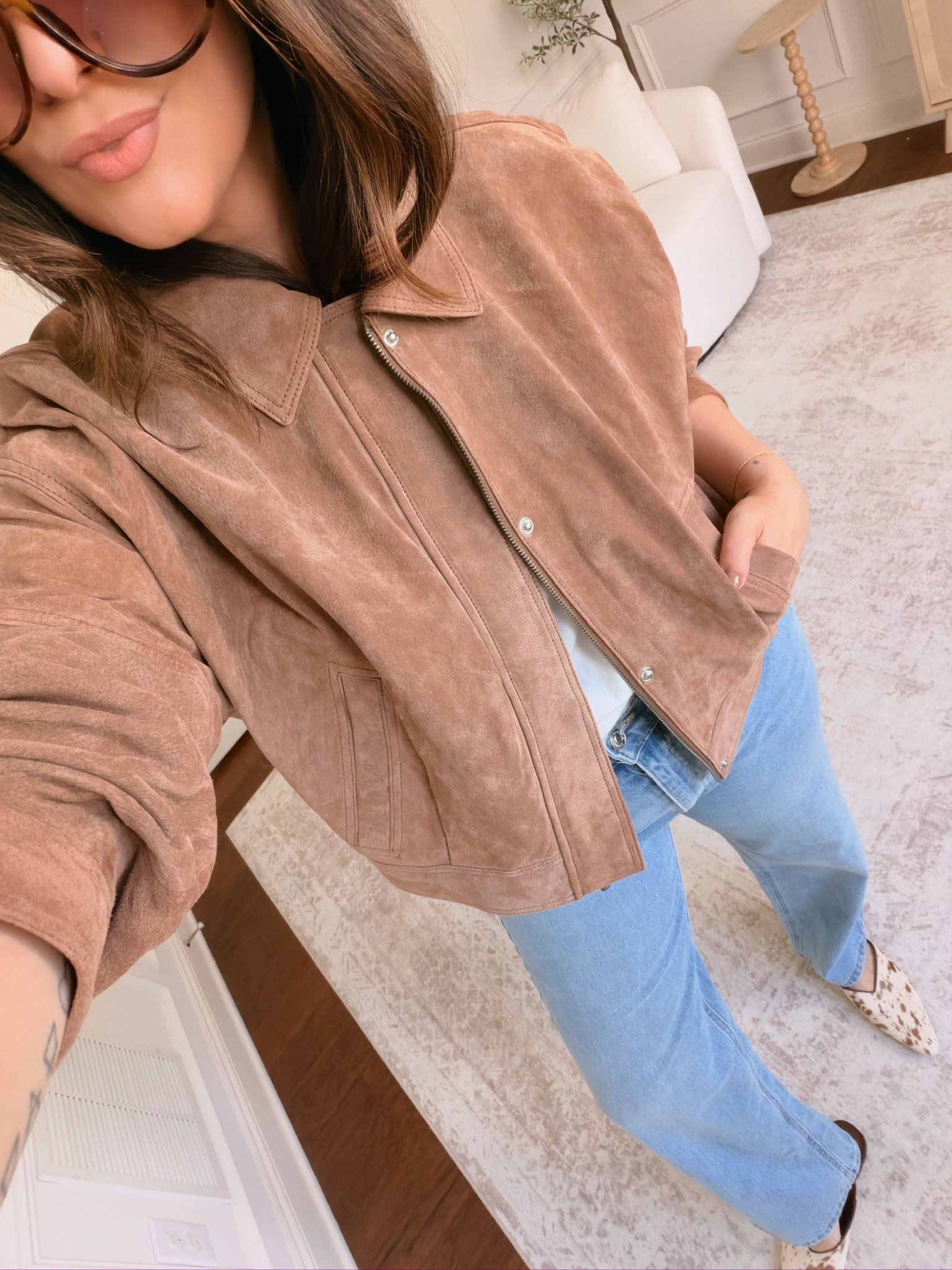 Wearing a XL in this jacket, size 14 in the jeans 

 #LTKSeasonal #LTKMidsize