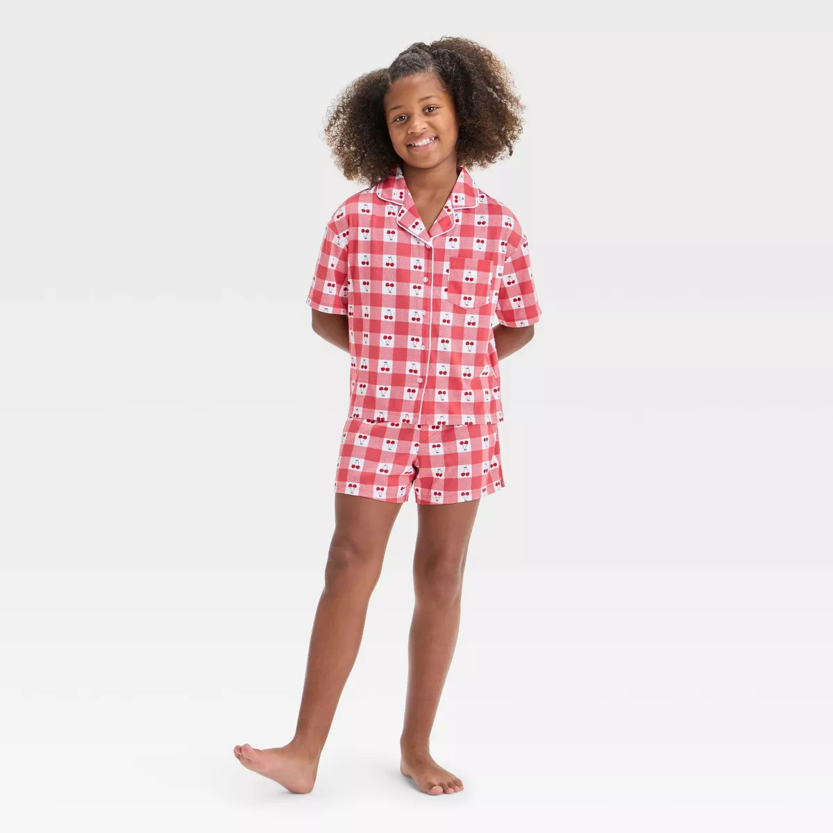 Girls' 'Cherry/Gingham' Short Sleeve Button-Up Coat and Pajama Set - art class™ White/Red L | Target