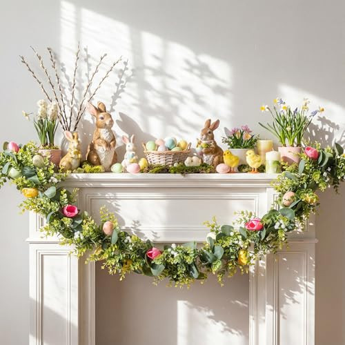 Suncalla 6 ft Thick Easter Garland Decor Artificial Easter Egg Garland for Mantle Fireplace with Tulip Eucalyptus Leaves Spring Vine Decorations for Home Indoor Outdoor Holiday Party | Amazon (US)