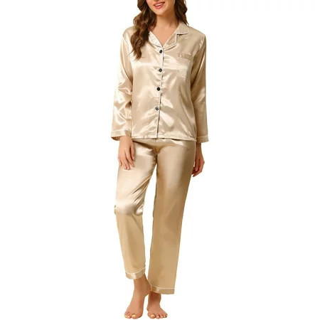 Unique Bargains Women s Satin 2pc Loungewear Button Down Smooth Silky Pajama Sets | Walmart (US)