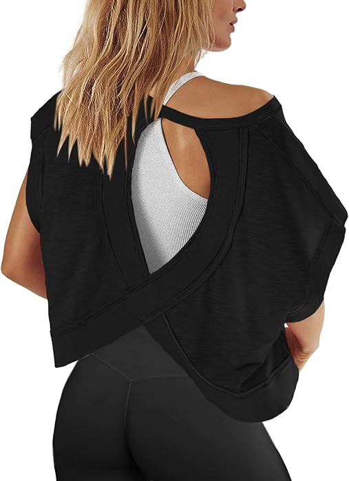 Panadila Womens Open Back Workout Top Oversized Workout T Shirts Backless Athletic Shirt Short Sl... | Amazon (US)