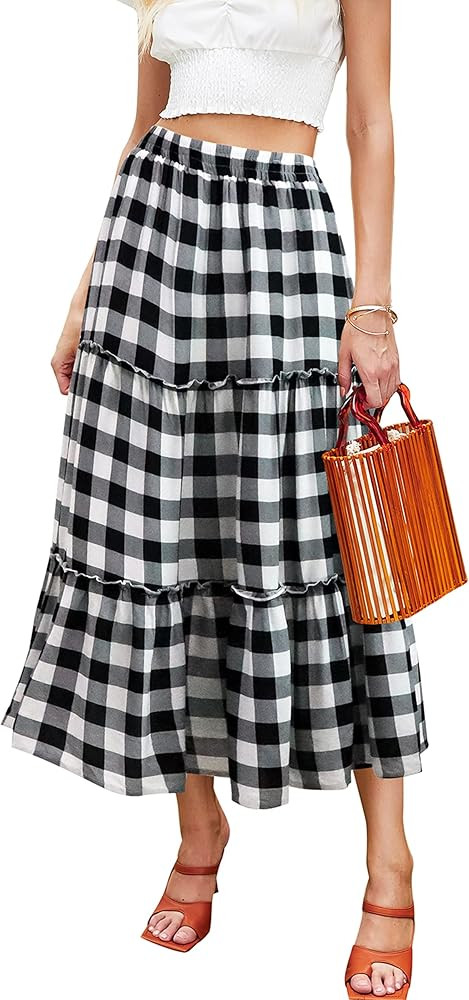 Hibluco Women's Floral Midi Skirts Elastic High Waist A-Line Swing Skirts | Amazon (US)