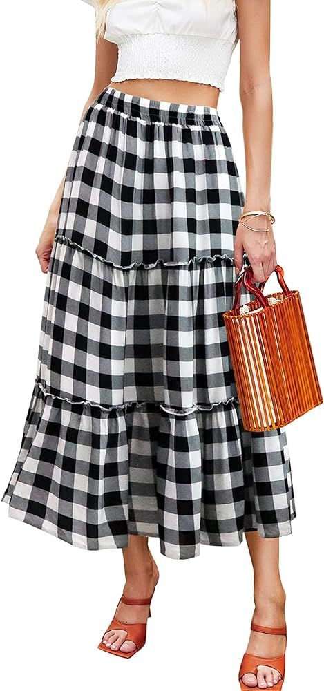 Hibluco Women's Floral Midi Skirts Elastic High Waist A-Line Swing Skirts | Amazon (US)