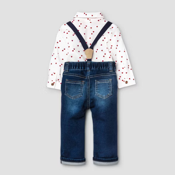Baby Boys' V-Day Denim Top & Bottom Suspender Set with Bowtie - Cat & Jack™ Cream | Target