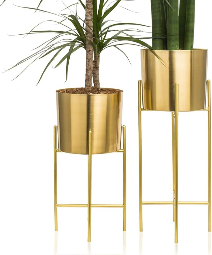 Kimisty Set 2 Modern Mid Century Brass Gold Planters with Stand, 7 Inch Large Planter Pots with M... | Amazon (US)