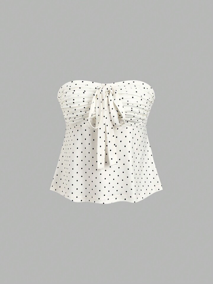 Sweetra Valentine's Day Romantic Polka Dot Bow Knot Pleated Bandeau Top | SHEIN