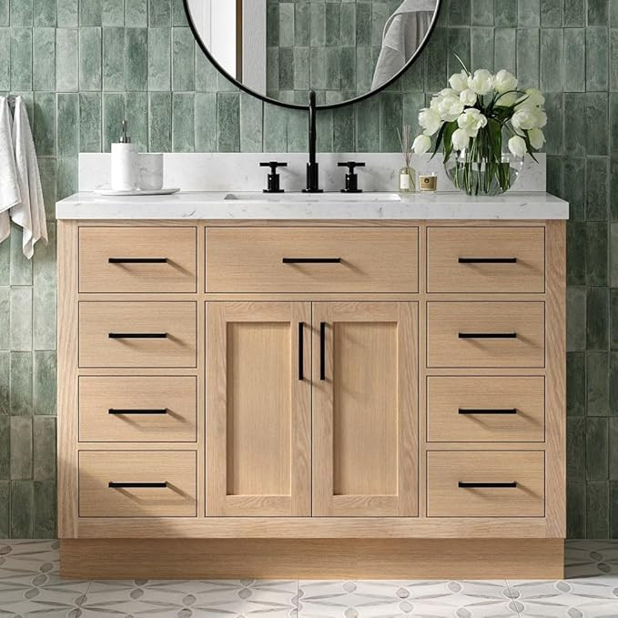 ARIEL 48" Inch Bathroom Vanity with Sink, American Oak Solid Wood, 1.5 inch Edge Carrara White Qu... | Amazon (US)