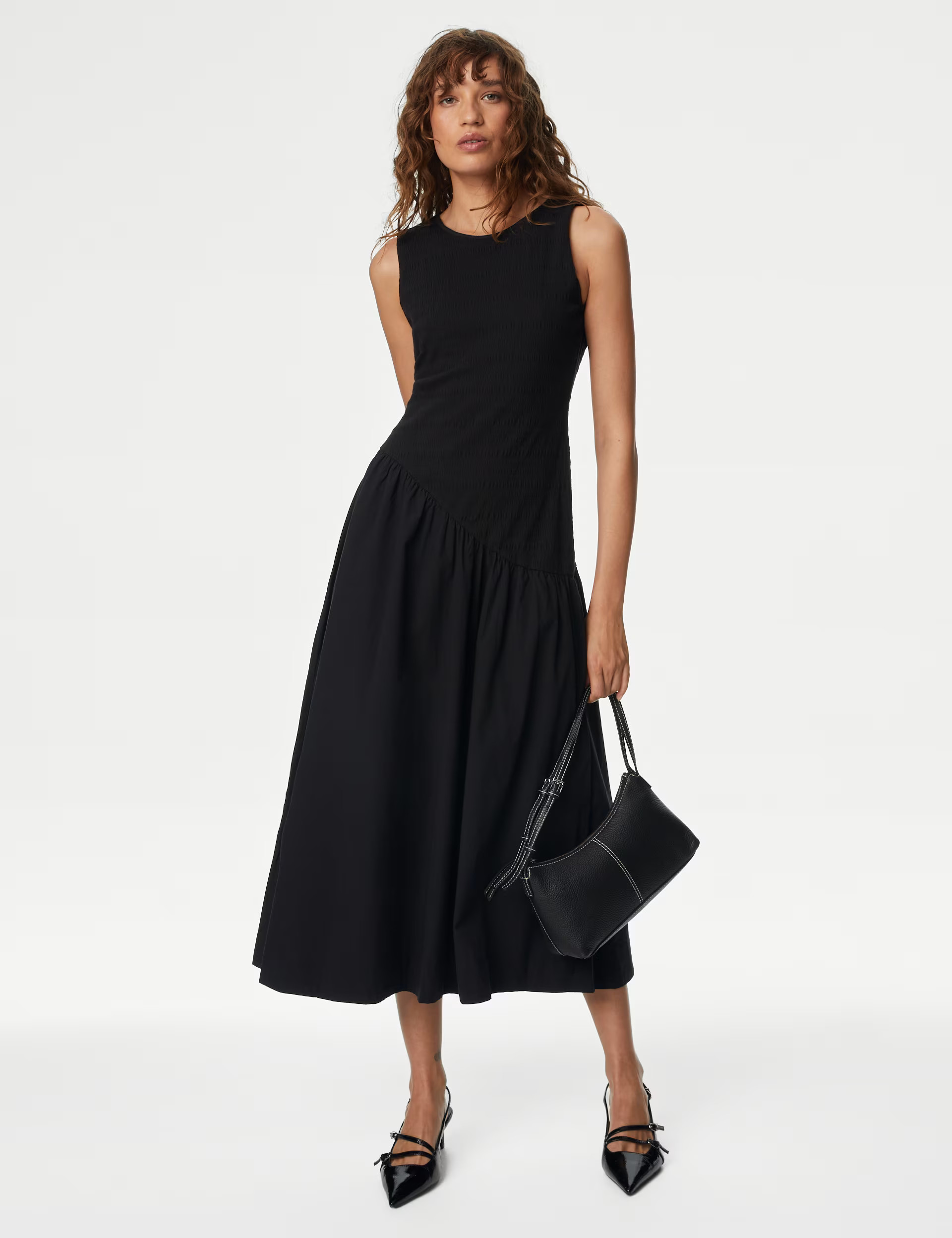 Cotton Blend Textured Midi Drop Waist Dress | Marks & Spencer (UK)