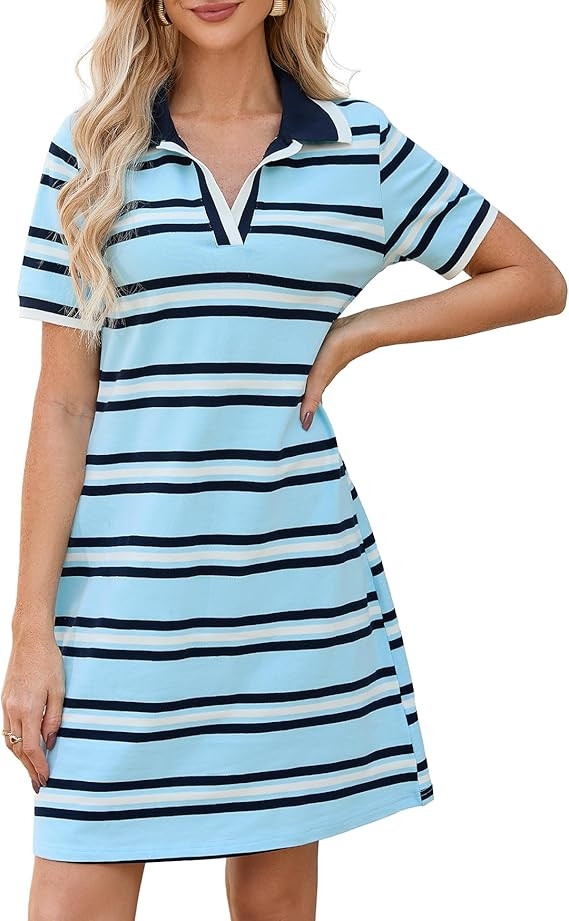 YEXPINE Women's Striped Polo Dress Short Sleeve V Neck 2026 Summer Casual Mini Dress Green at Ama... | Amazon (US)