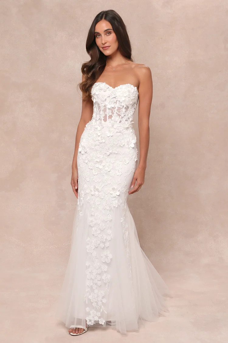 Adoring Bliss White Tulle Strapless Lace-Up Mermaid Maxi Dress | Lulus