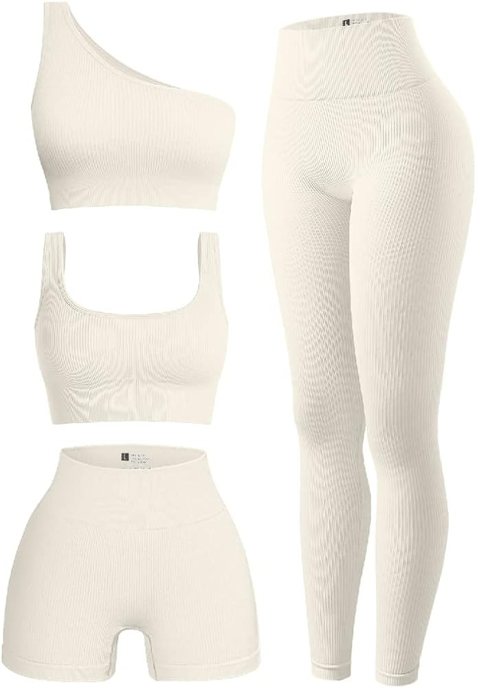 OQQ Women's 4 Piece Ribbed Exercise Scoop Neck Sports One Shoulder High Waist Legging Active Set ... | Amazon (US)