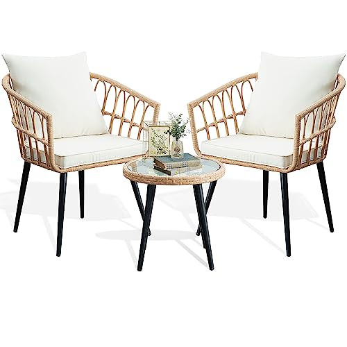 PORWEY 3 Piece Patio Bistro Set, Outdoor Wicker Apartment Balcony Furniture Sets, Rattan Table an... | Amazon (US)