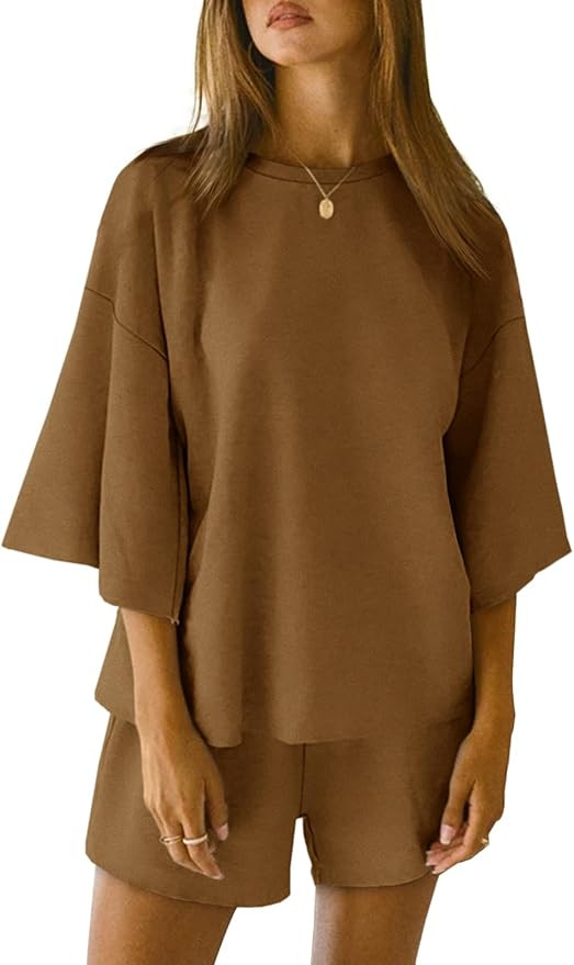 Tankaneo Womens Pajama Sets 3/4 Sleeve Oversized Tops and Elastic Waist Shorts Lounge Sets Lounge... | Amazon (US)