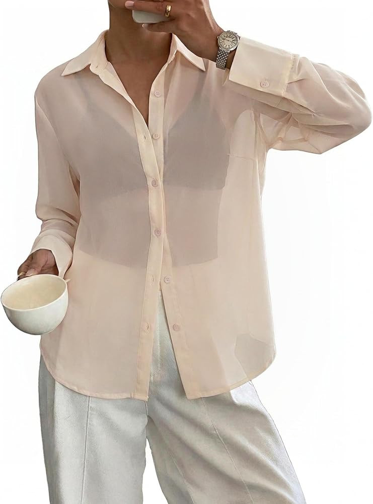 Totatuit Womens Sheer Button Down Shirts See Through Blouse Beach Cover Up | Amazon (US)