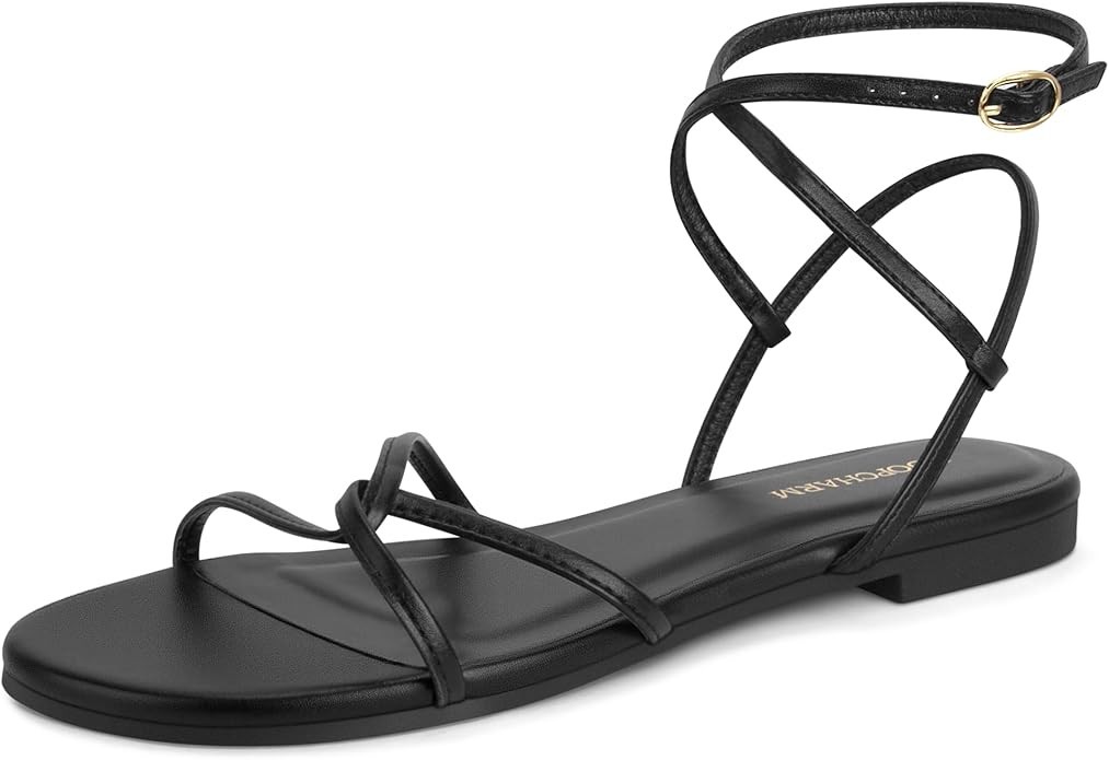 Women's Flat Sandals Strappy Open Round Toe Lace Up Shoes with Adjustable Ankle Strap for Summer | Amazon (US)