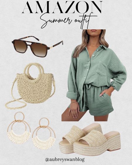 Summer outfit inspiration from Amazon✨ 

Amazon Fashion, 2 piece comfy set,  summer heels, women’s sunglasses, beach purse, boho summer beach earrings 