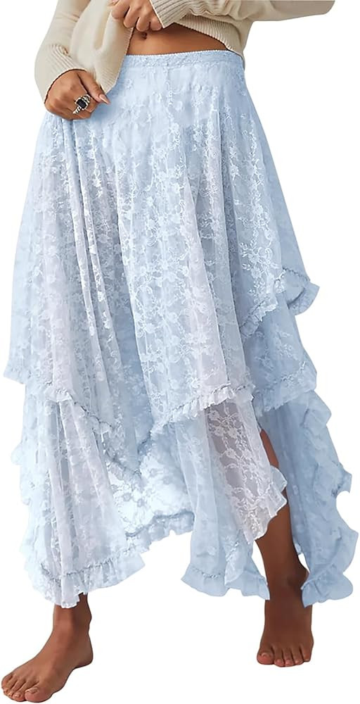 Yimoon Women's Floral Lace Long Skirts Elastic Asymmetrical Layered See-Through Maxi Skirts Sexy ... | Amazon (US)