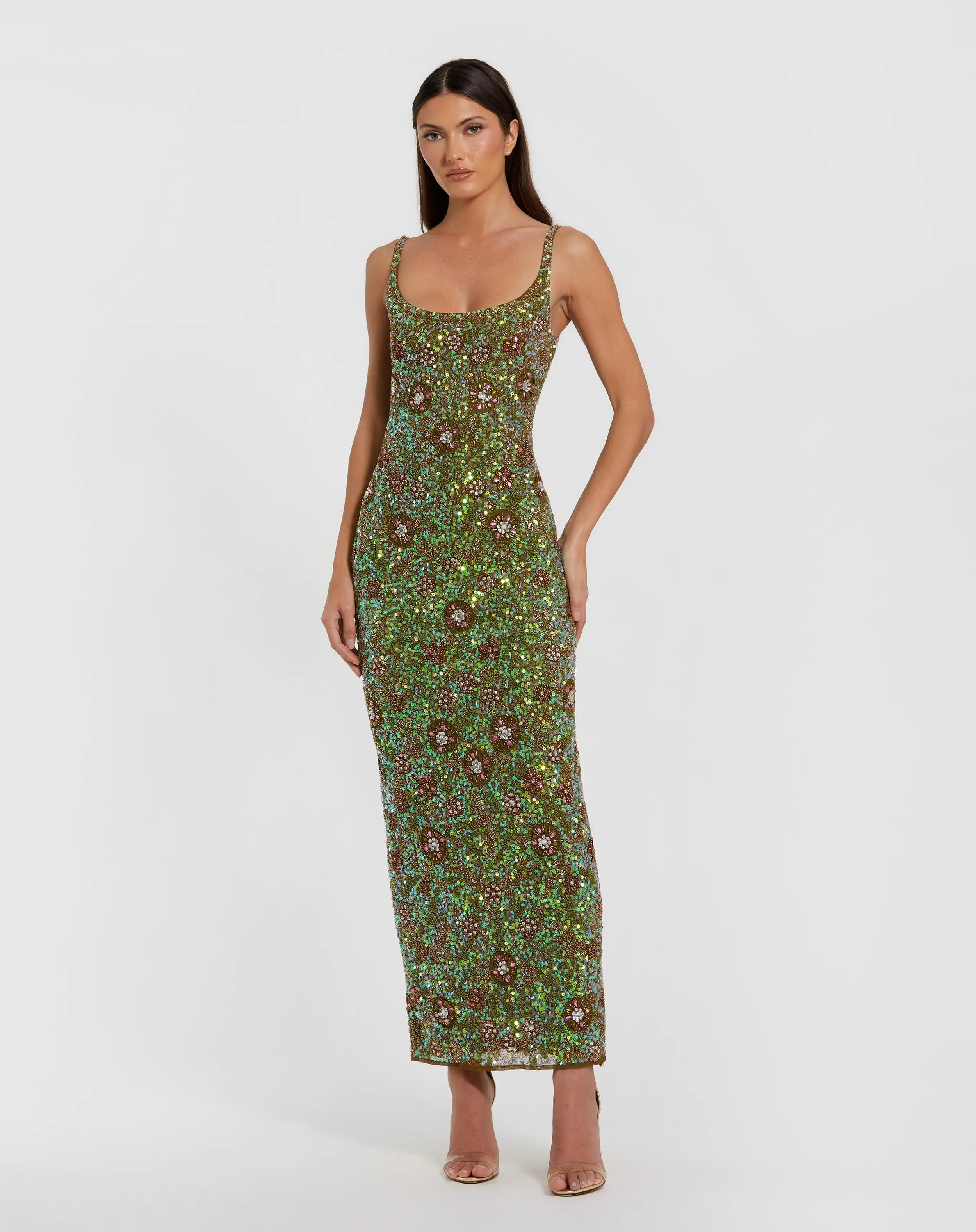 Green Sleeveless Hand Embellished Floral Maxi Dress | Mac Duggal