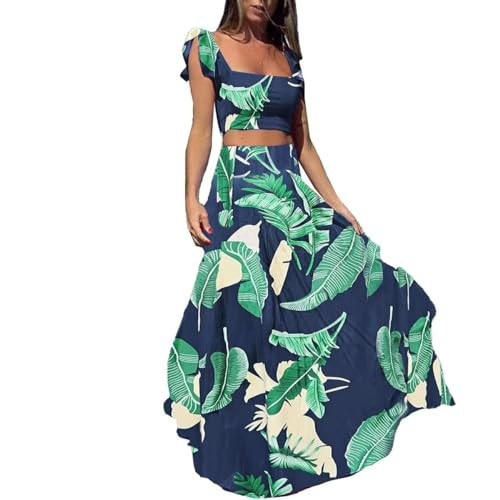 CQWL 2 Piece Outfits for Women Sexy Skirt Set Ruffle Printed Crop Top and Boho Tropical Maxi Dress Sets Dark Blue | Amazon (US)