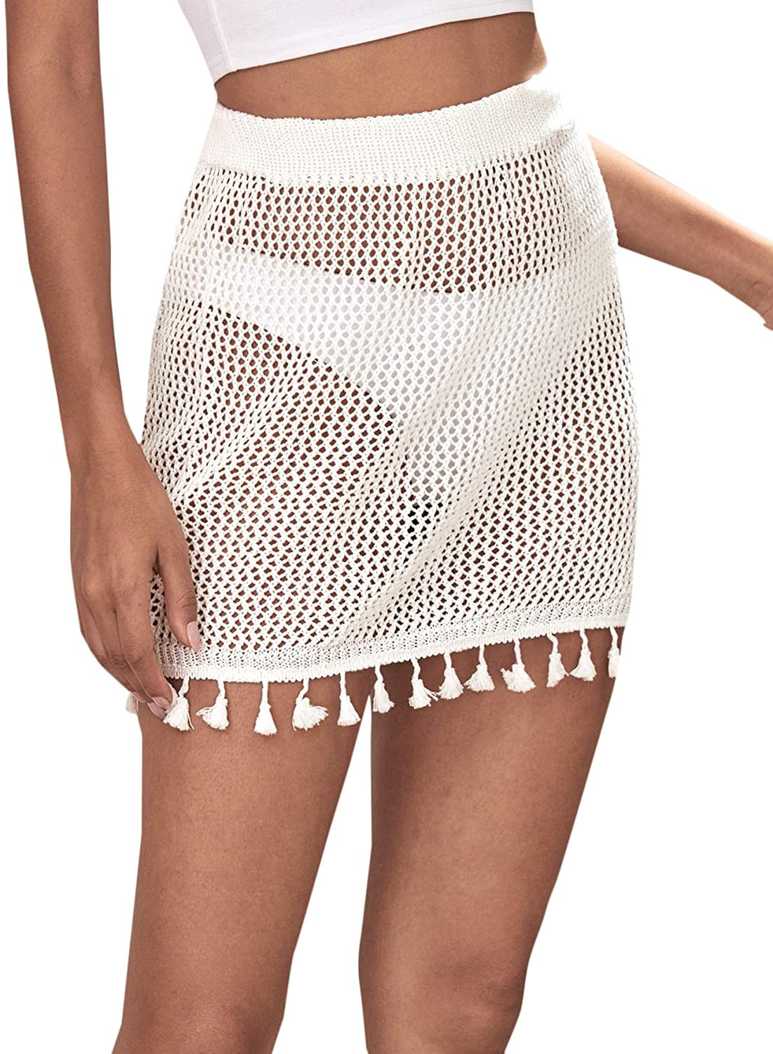 MakeMeChic Women's Crochet Cover Up Skirt Tassel Knit Mini Beach Cover Up | Amazon (US)