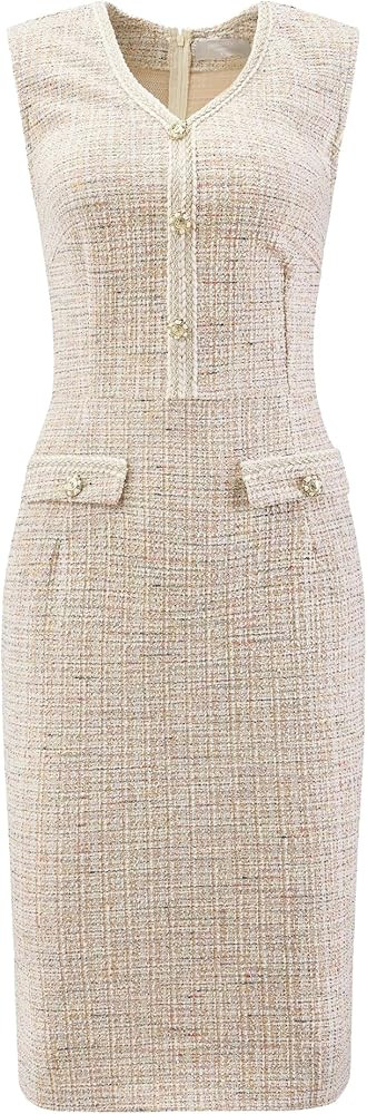 Women's Sleeveless Tweed Dress 2025 Summer Office Work V Neck Bodycon Pencil Dresses | Amazon (US)