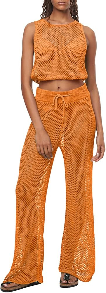 Pink Queen Women's Swimsuit Cover Up Set 2 Pieces Crochet Sleeveless Crop Top Wide Leg Long Pants... | Amazon (US)