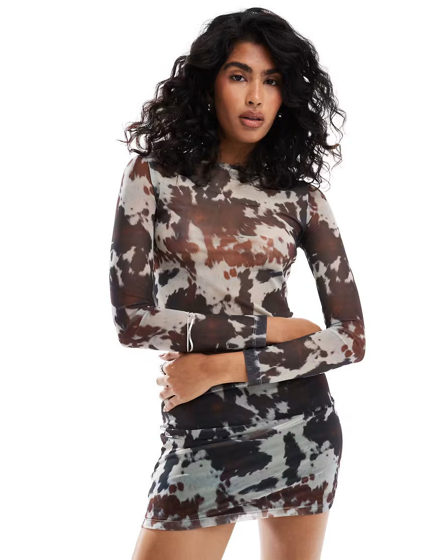 ASOS DESIGN cow print mesh slash neck top in brown | ASOS (Global)