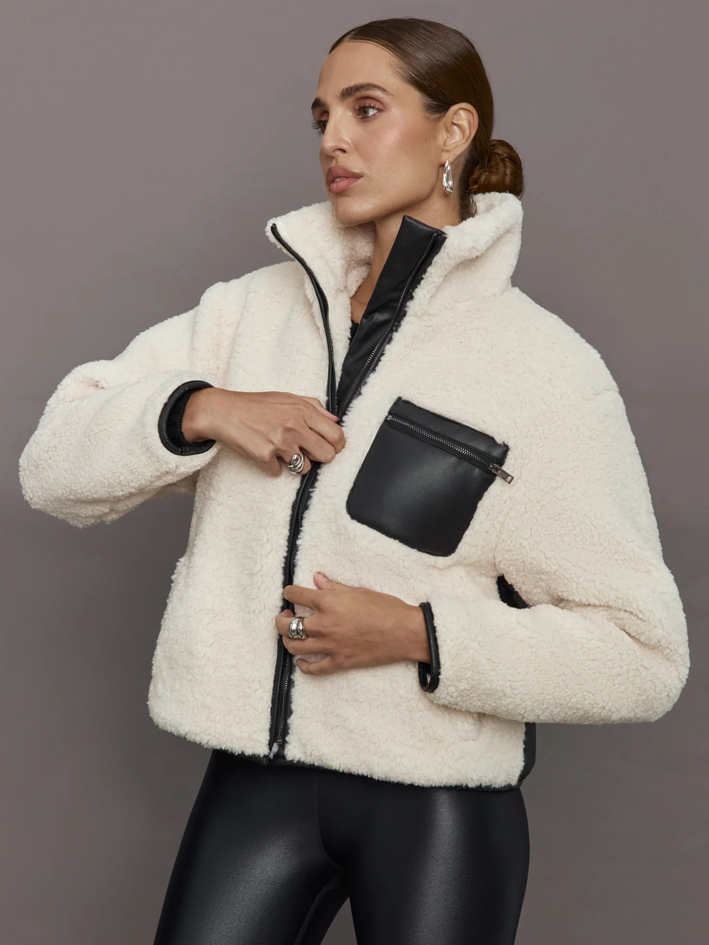 Mixed Media Sherpa Jacket - Natural/ Black | Carbon38