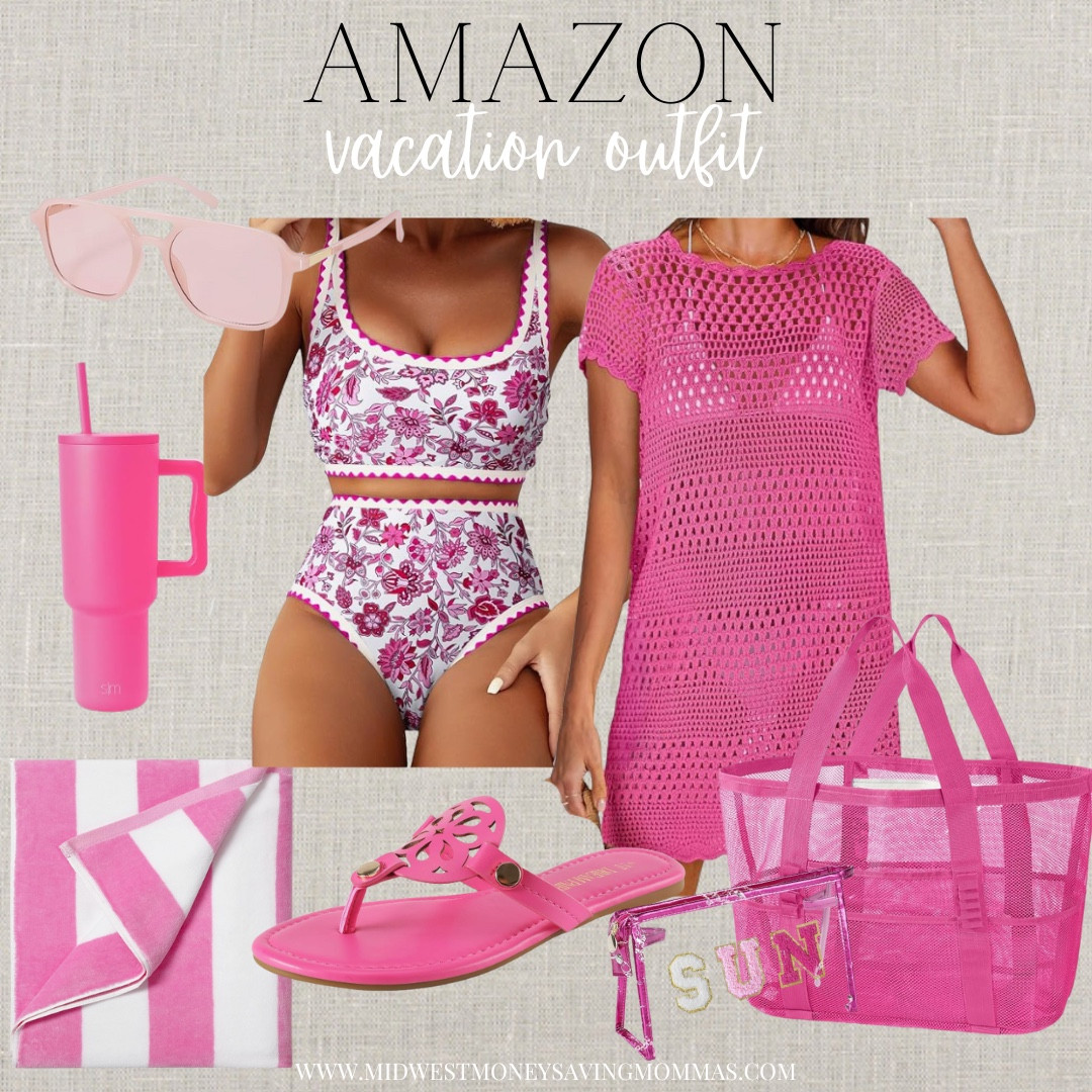 Monochromatic vacation outfit 

Pink bikini swimsuit coverup sunglasses  beach bag beach outfit  beach towel  sandals  pink tumbler 

#LTKgrwm #LTKootd #LTKmomlife