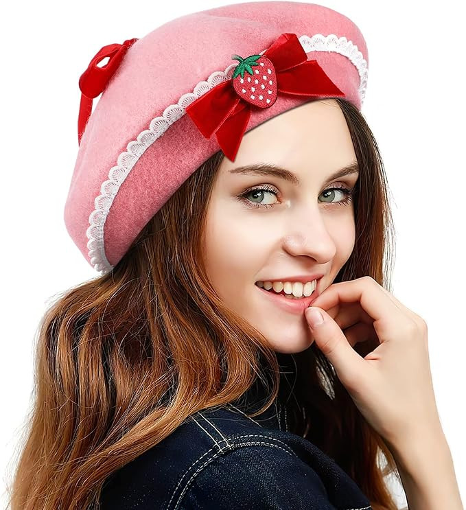Strawberry Beret Hat with Bowknot - French Style Wool Beret for Women and Girls | Amazon (US)