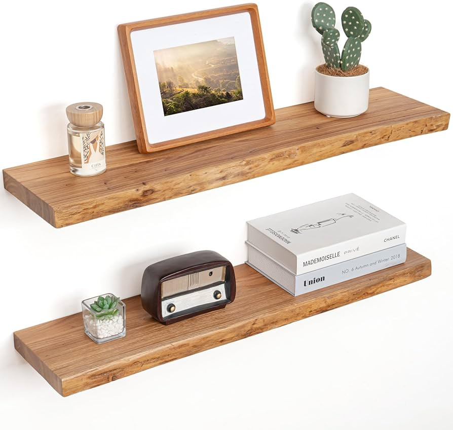 Floating Shelves for Wall Decor, Rustic Solid Elm Wood Live Edge Floating Shelves Wall Mounted, W... | Amazon (US)