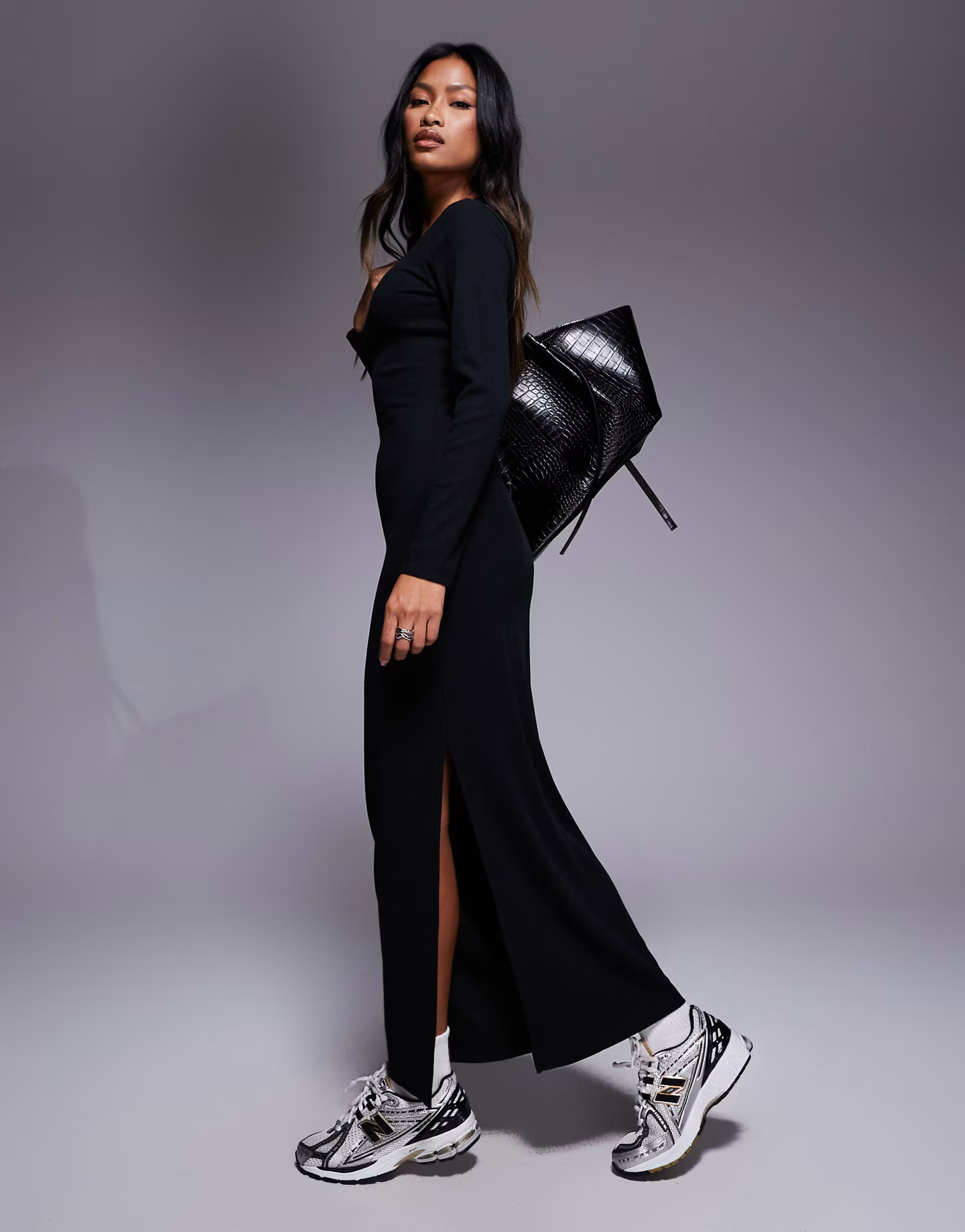 ASOS DESIGN ribbed maxi dress with split in black | ASOS | ASOS (Global)