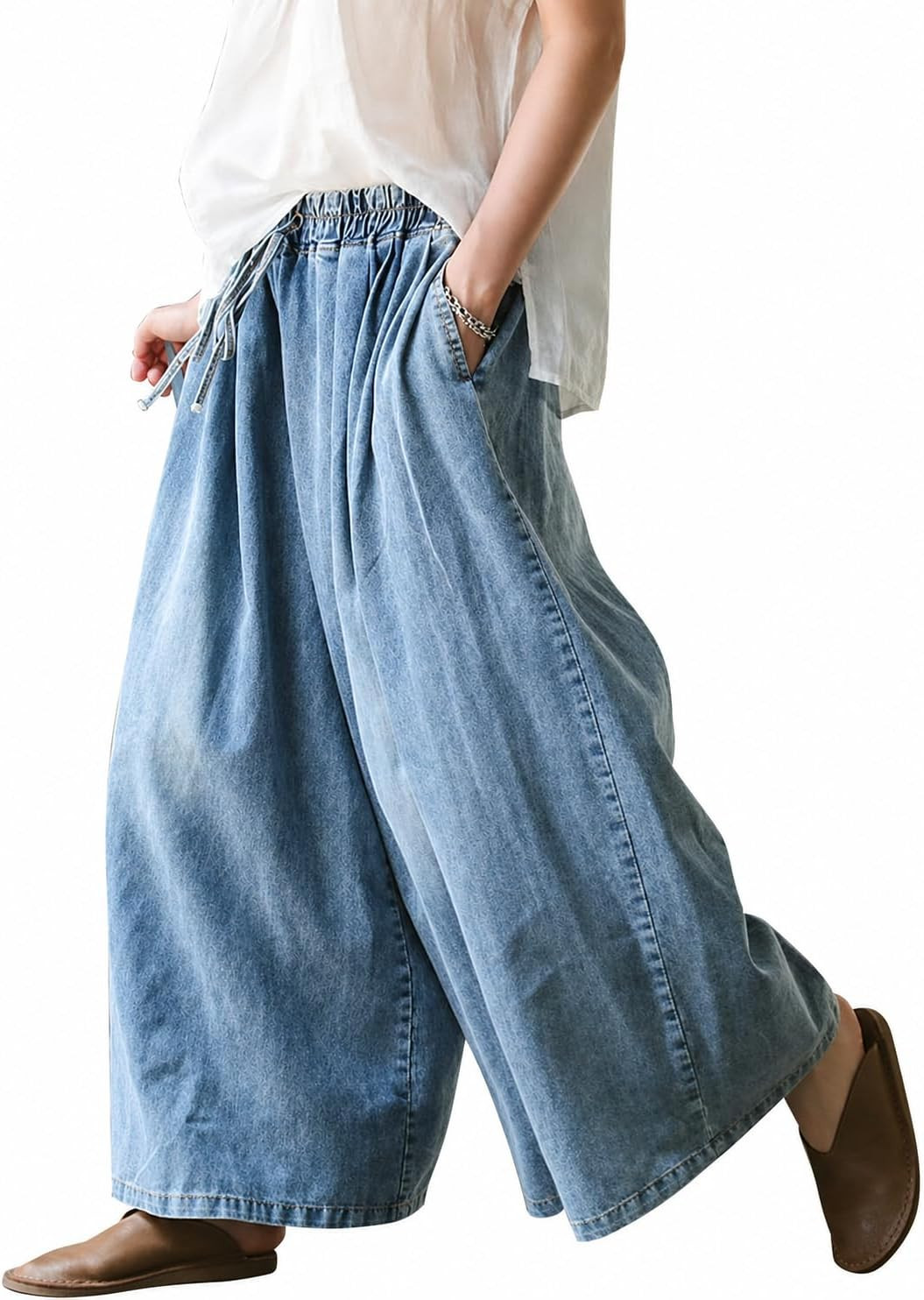 UQJE Women's Wide Leg Baggy Jeans Plus Size Loose Elastic Waist Denim Pants with Deep Pockets Light Blue | Amazon (US)