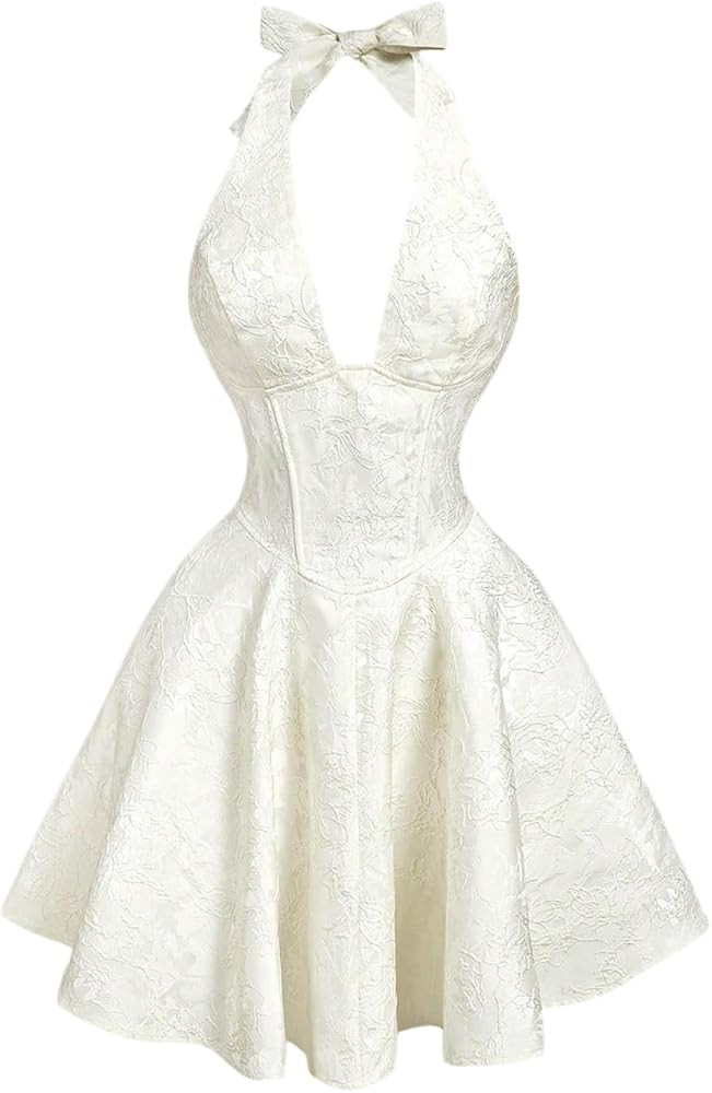 OYOANGLE Women's Floral Jacquard Halter Bow Dress Open Back Sleeveless Ruffle Short Dresses | Amazon (US)