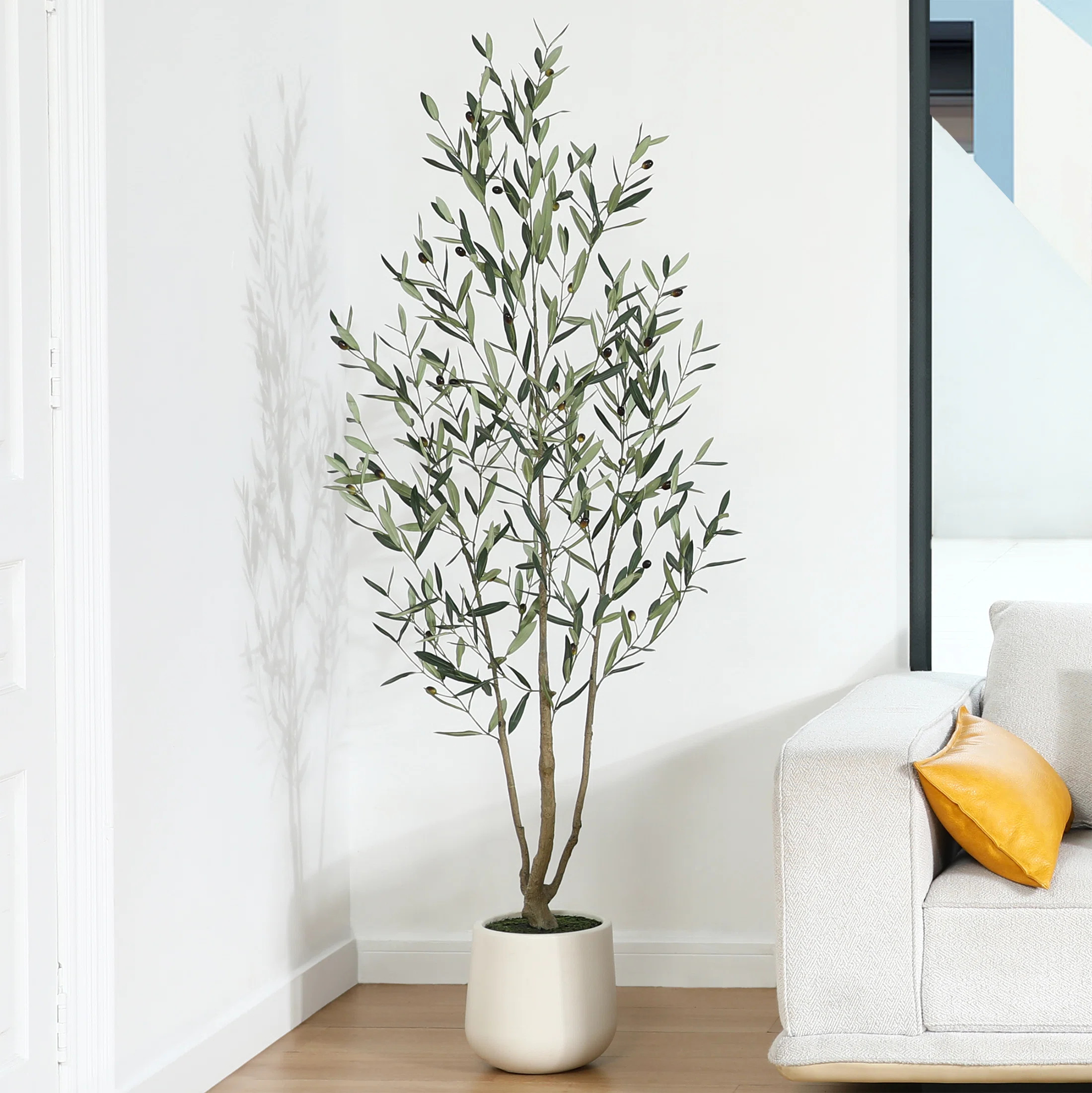 Adcock 72" Faux Olive Tree with Round White Planter, Pre Potted Fake Greenry Olive Plant for Home... | Wayfair North America