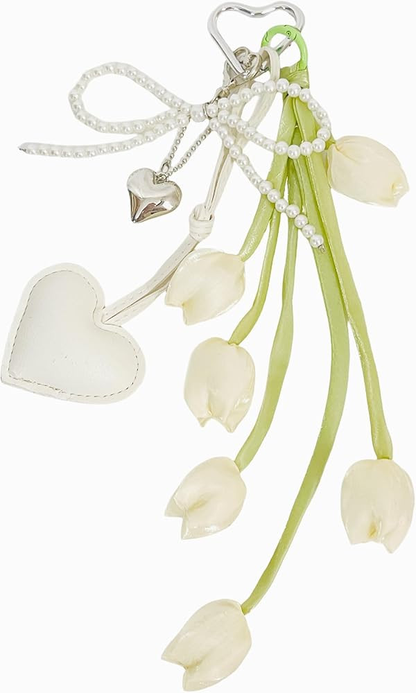 QTMY Cute Heart Bow Pearl Beaded Tulips Braided Keychain Bag Charms for Handbag Purse Backpack Ac... | Amazon (US)