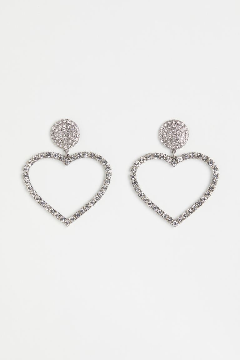 Heart-shaped rhinestone earrings - Silver-coloured - Ladies | H&M GB | H&M (UK, MY, IN, SG, PH, TW, HK)