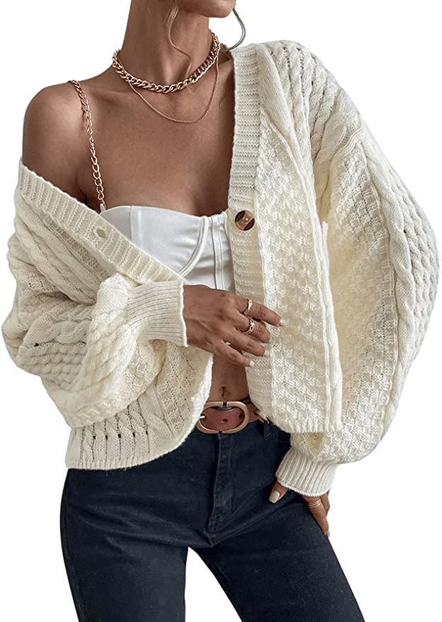 SweatyRocks Women's Cable Knit Long Sleeve V Neck Cardigan Drop Shoulder Button Front Sweater | Amazon (US)