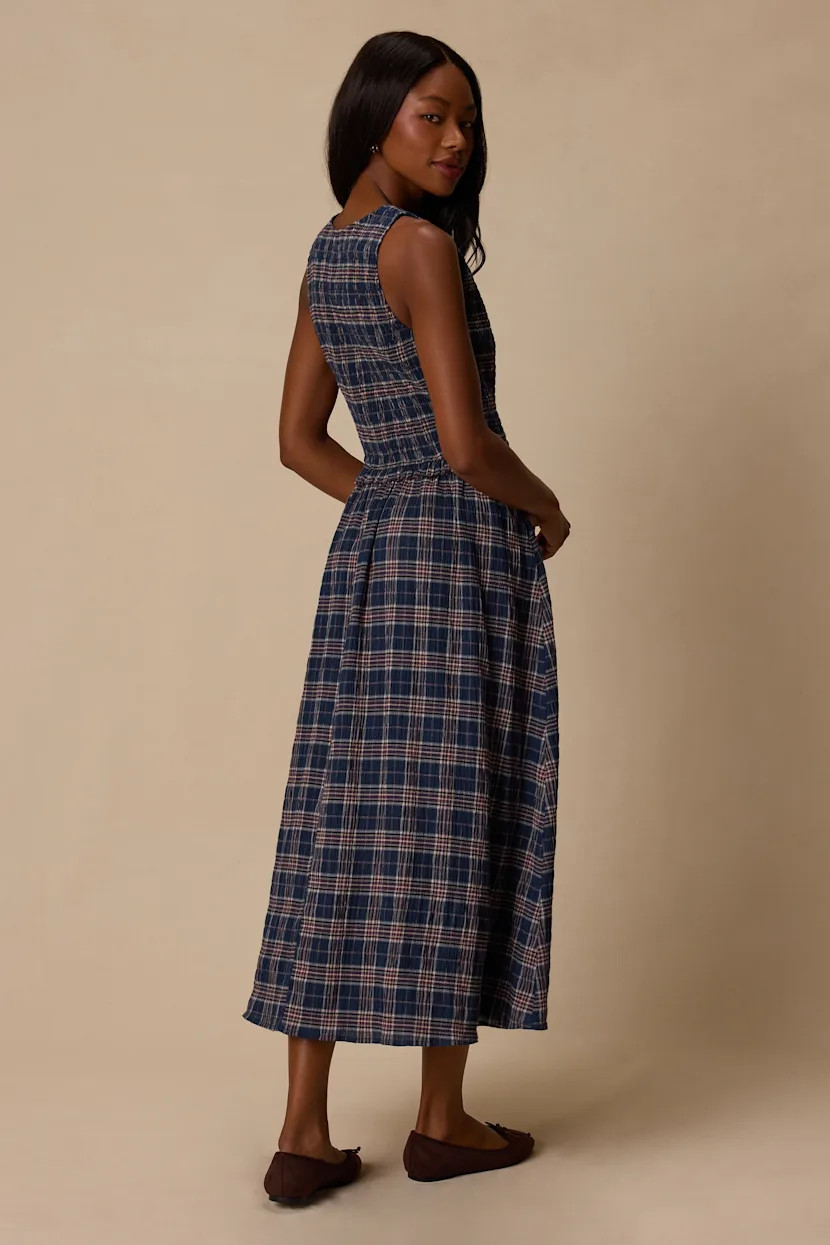 Rutherford Navy Blue Plaid Midi Dress | Lulus